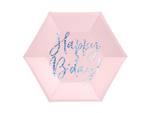 Picture of HEXAGON PAPER PLATES HAPPY BIRTHDAY BABY PINK 20CM